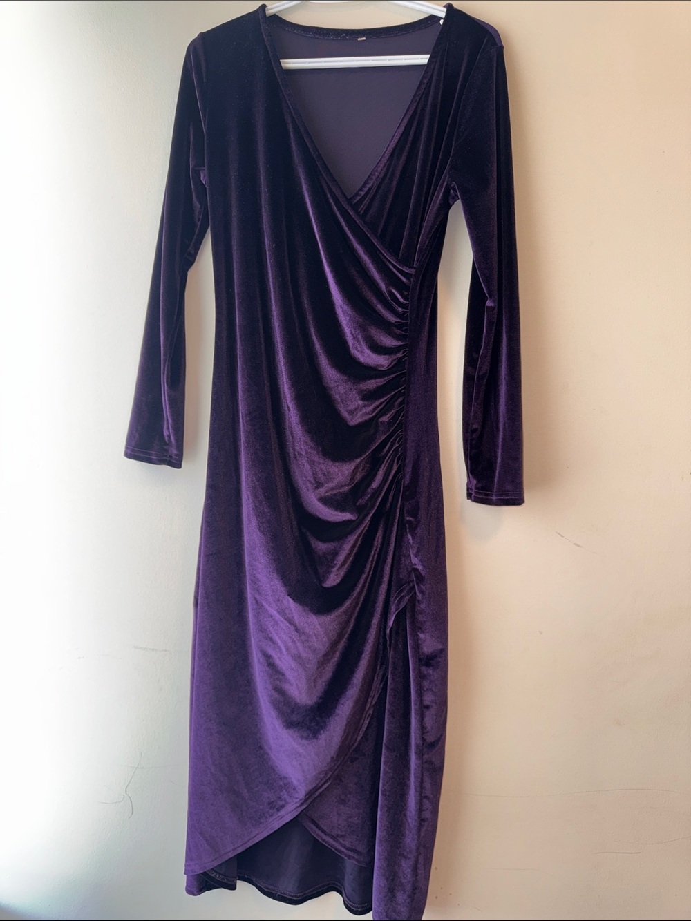 H&M Purple Velvet Wrap-Front Long-Sleeve Midi Dress